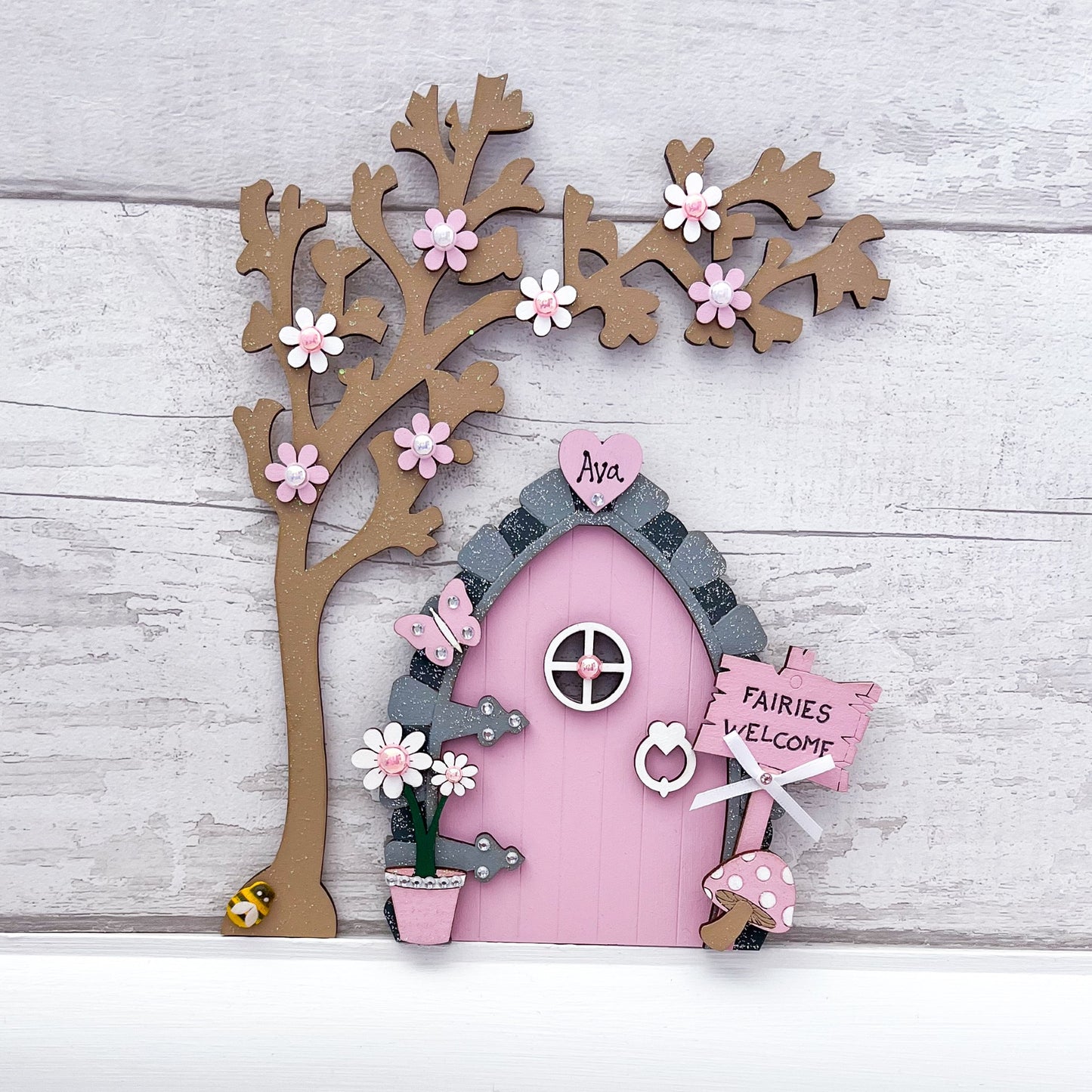 Personalised Handcrafted Candy Pink Wooden Fairy Door With Tree - Sweet Pea Wooden Creations