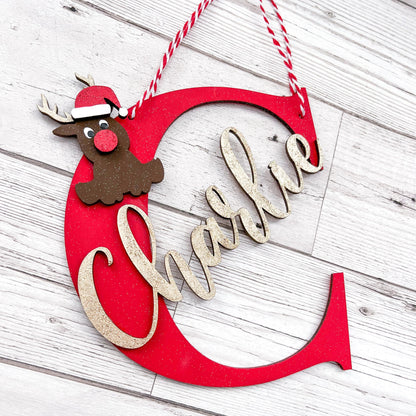 Personalised Kids Large Christmas Reindeer Hanging Decoration - Sweet Pea Wooden Creations