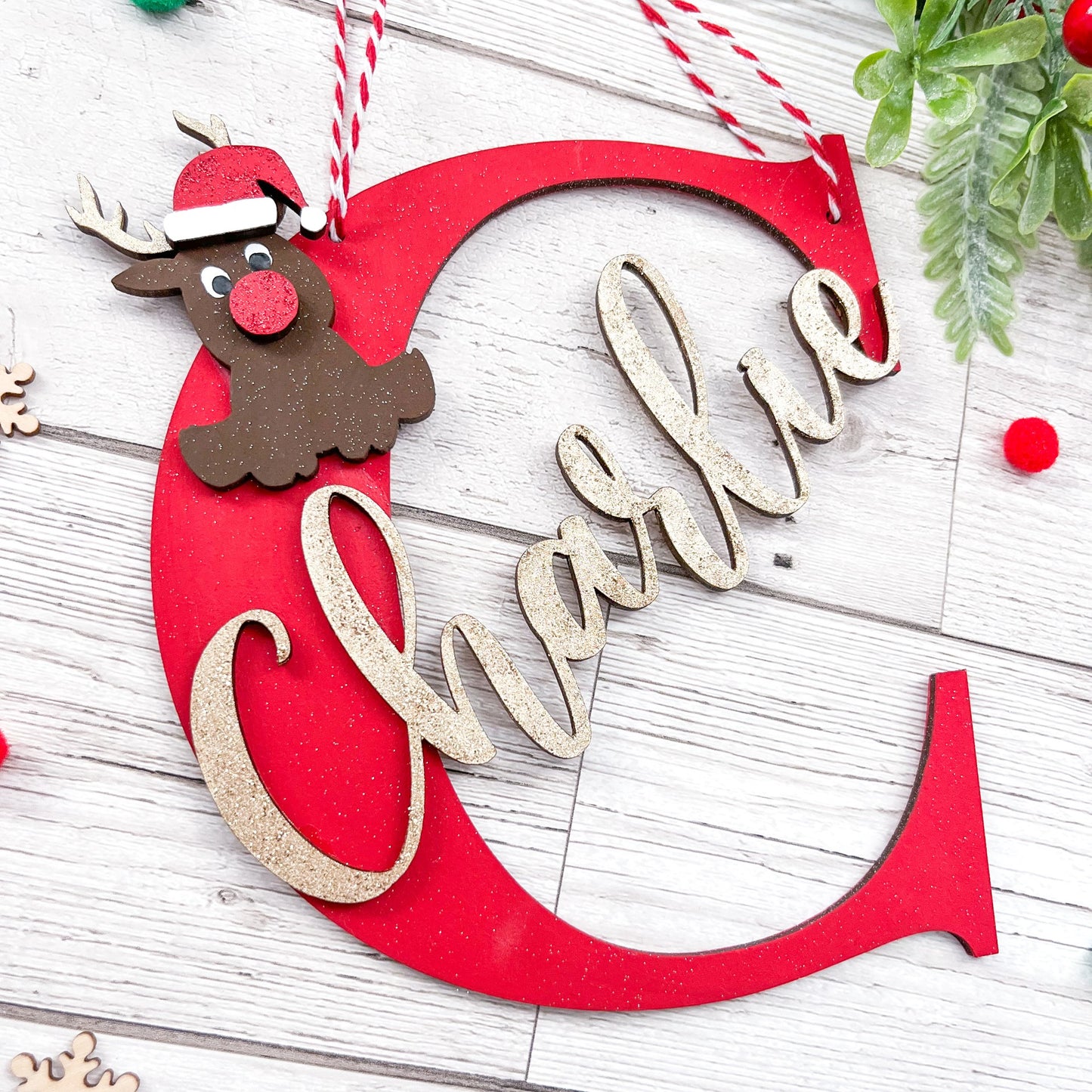 Personalised Kids Large Reindeer Initial Christmas Tree Decoration - Sweet Pea Wooden Creations