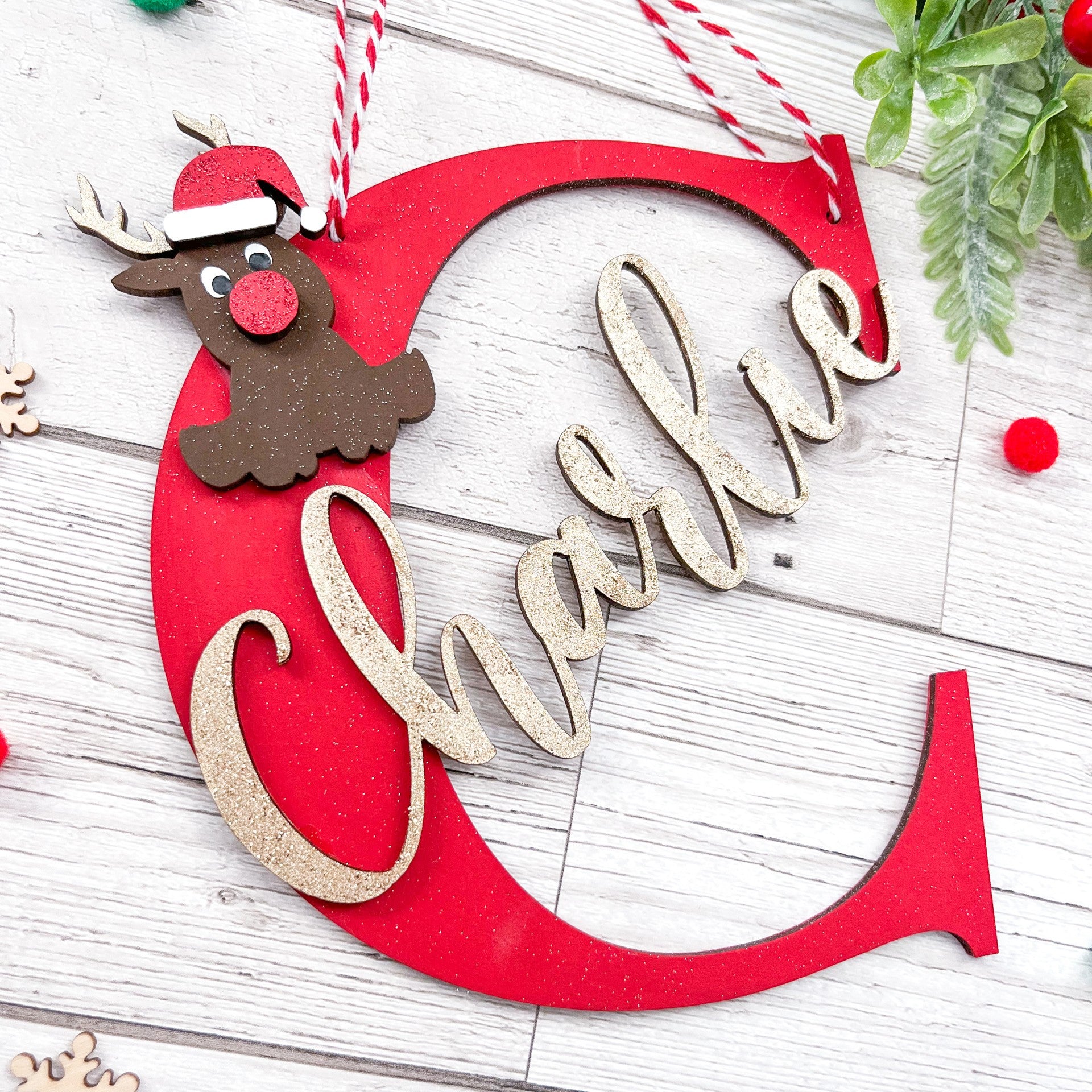Personalised Kids Large Reindeer Initial Christmas Tree Decoration - Sweet Pea Wooden Creations