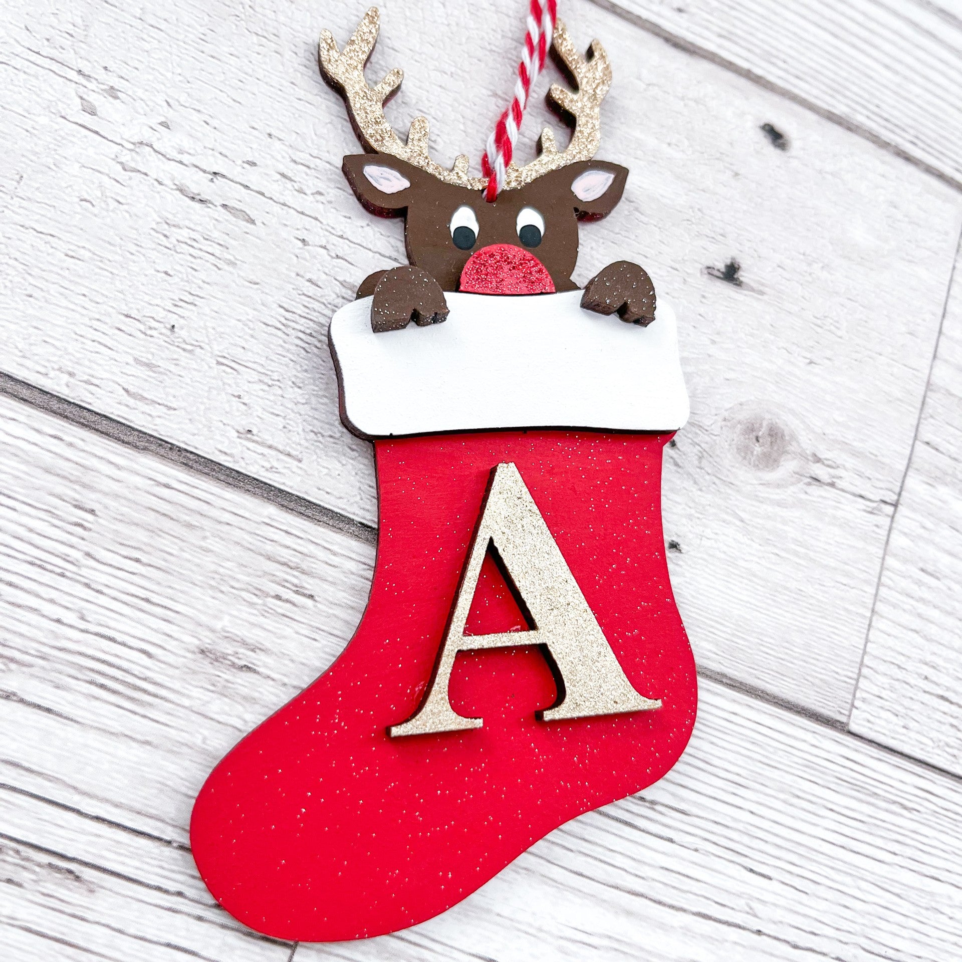 Personalised Kids Reindeer Stocking Initial Decoration - Sweet Pea Wooden Creations