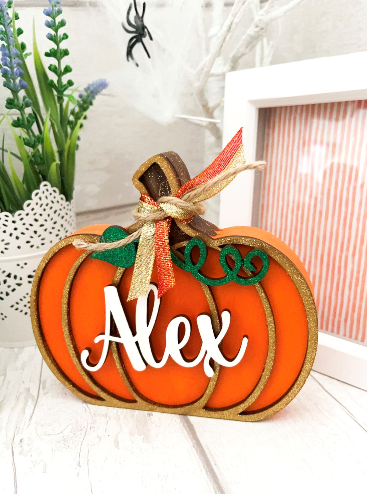 Personalised Orange & Gold Pumpkin Decoration 1 - Sweet Pea Wooden Creations