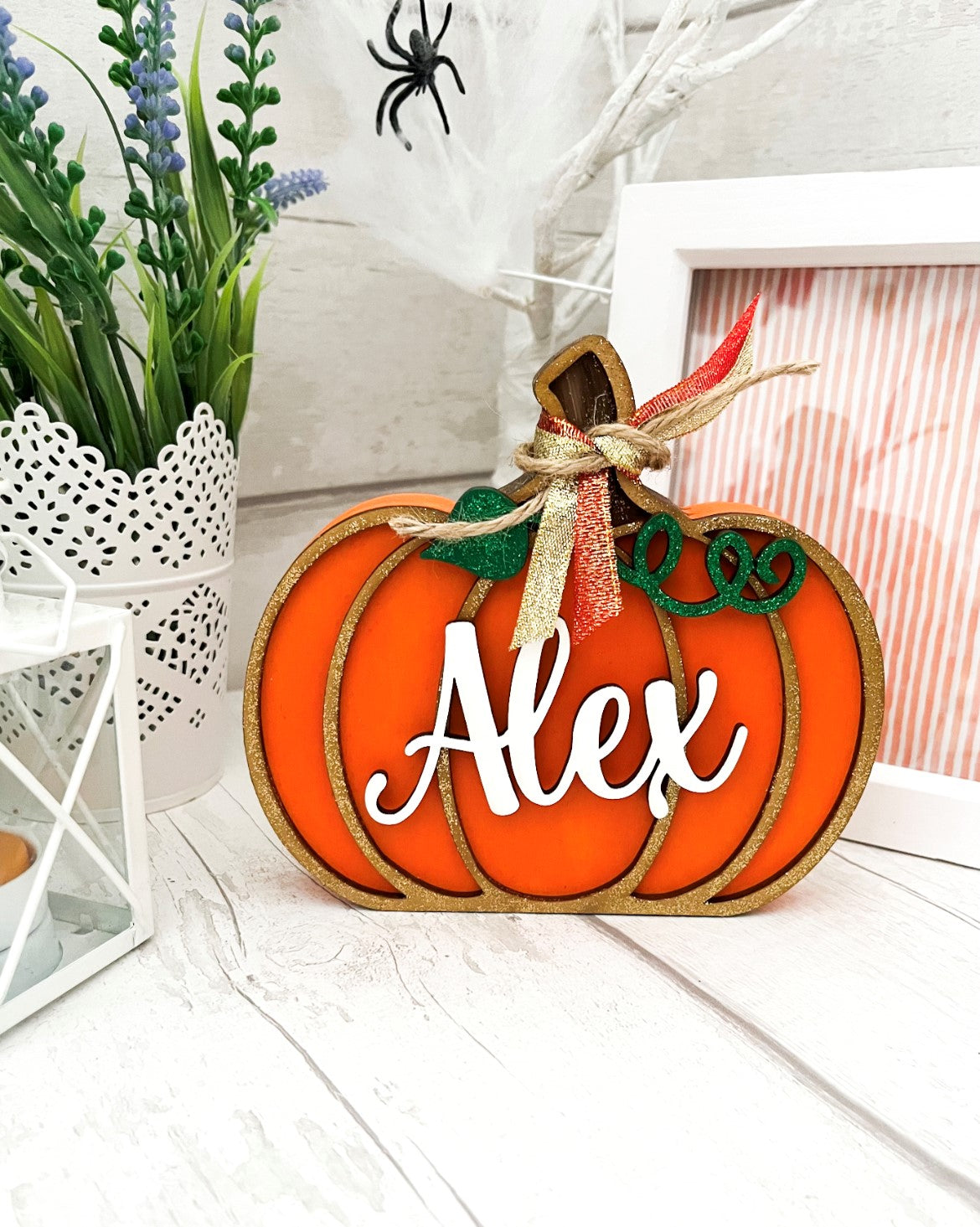 Personalised Orange & Gold Pumpkin Decoration 2 - Sweet Pea Wooden Creations
