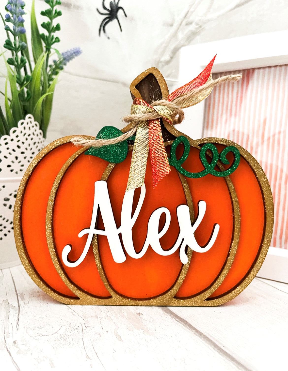 Personalised Orange & Gold Pumpkin Decoration 3 - Sweet Pea Wooden Creations