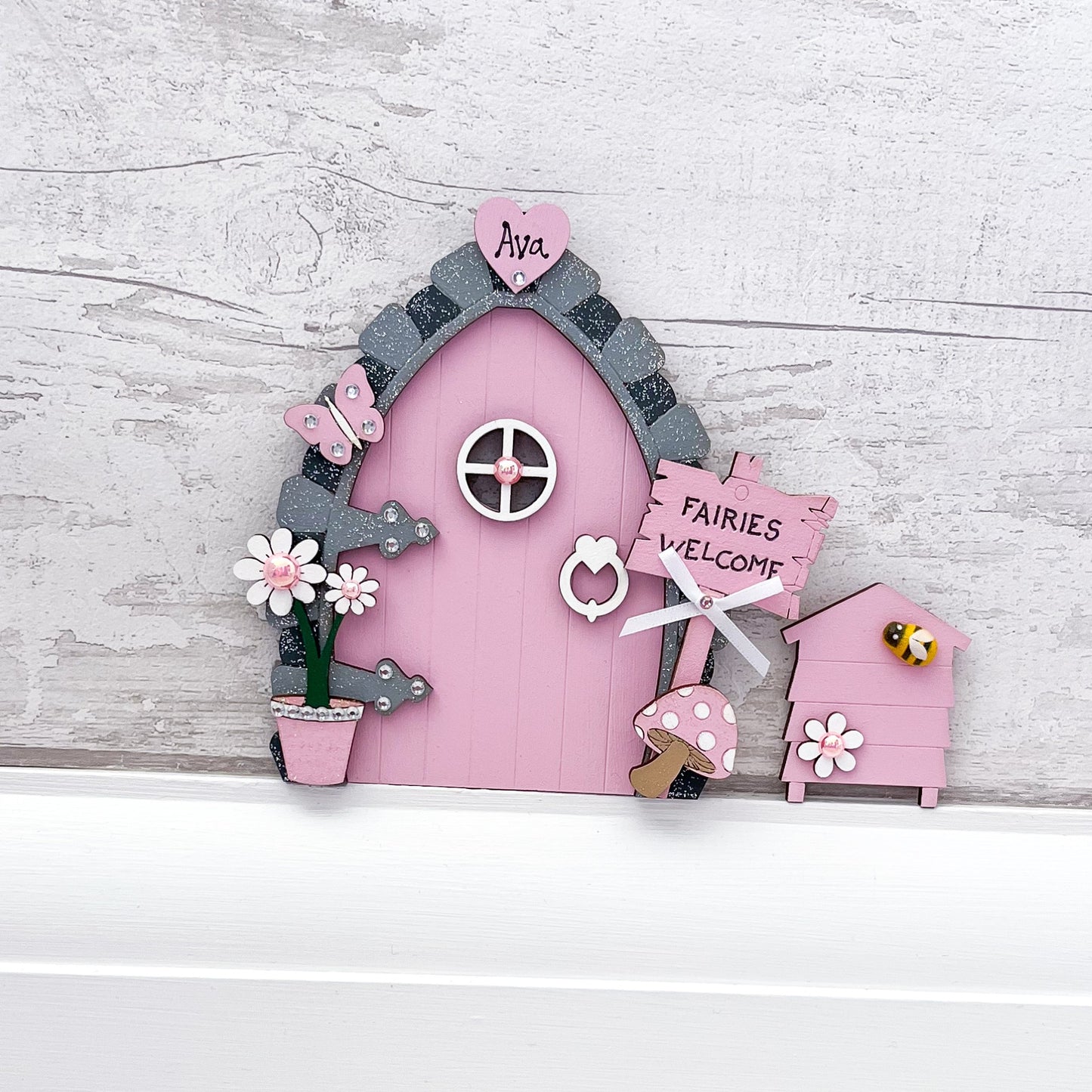 Personalised Candy Pink Wooden Fairy Door With Beehive - Sweet Pea Wooden Creations
