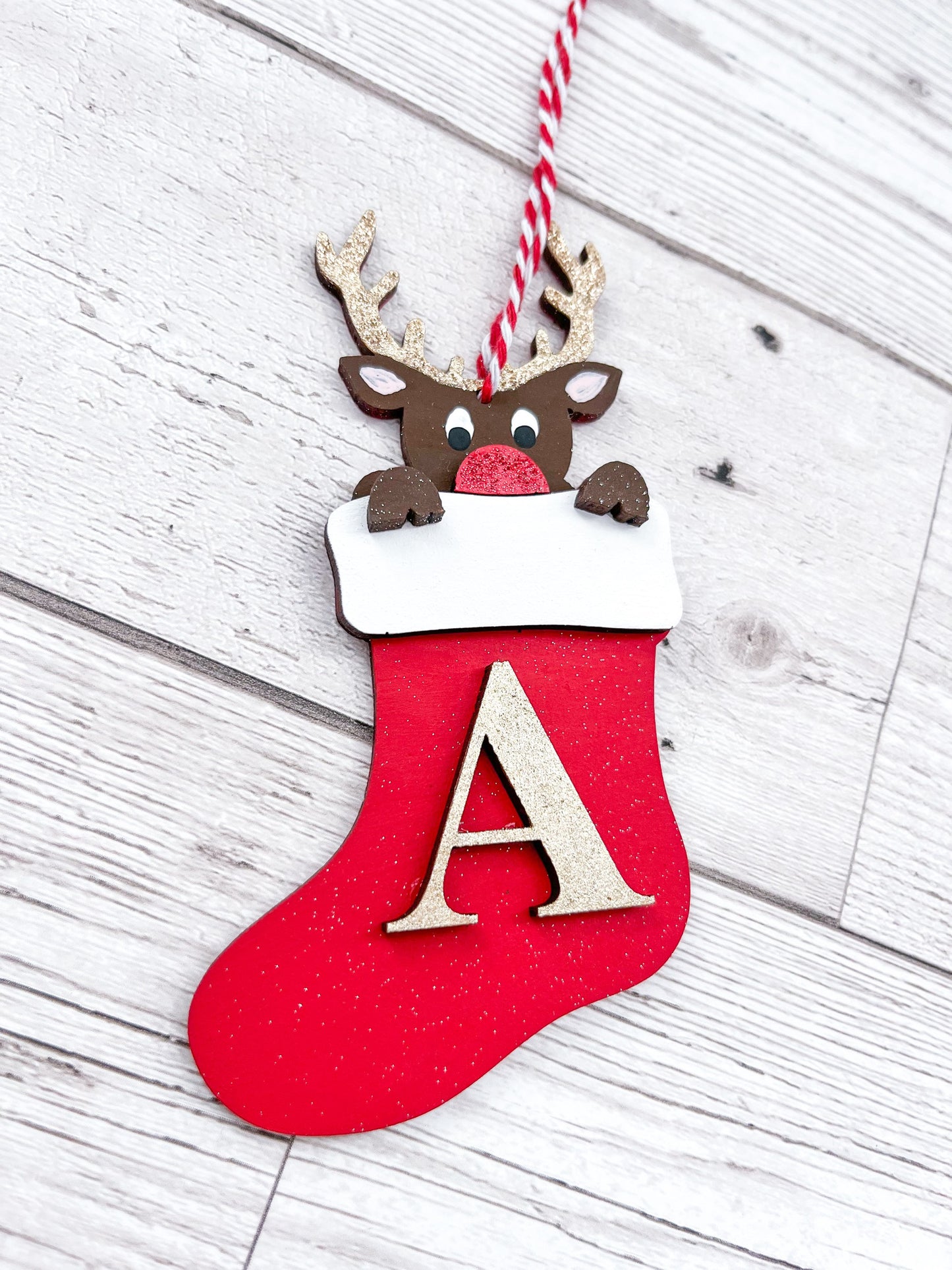 Personalised Kids Reindeer Stocking Hanging Decoration - Sweet Pea Wooden Creations
