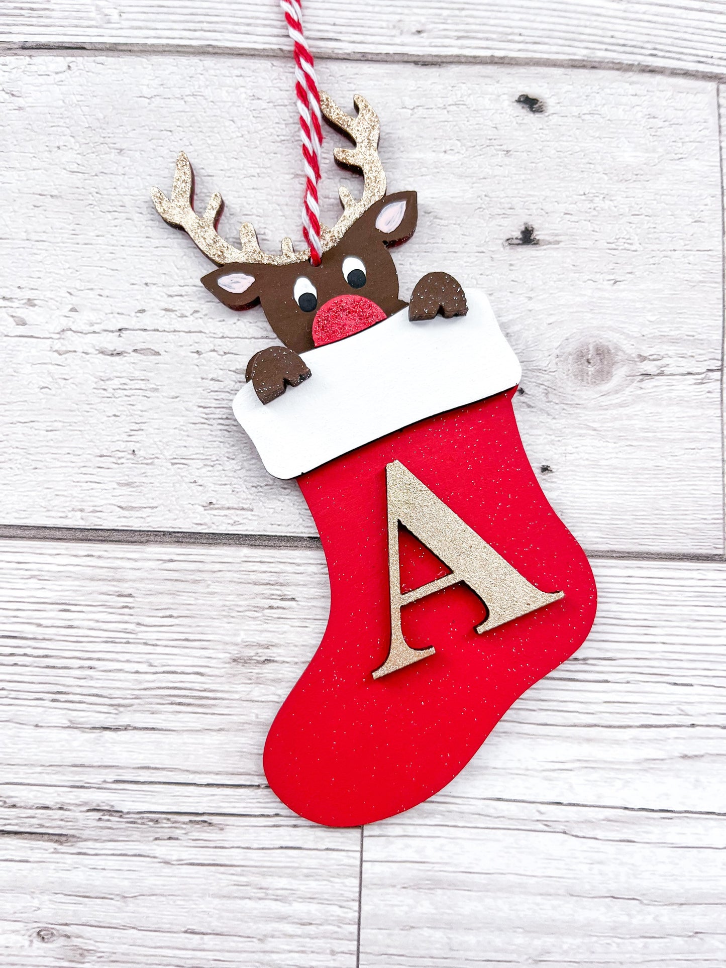 Personalised Kids Reindeer Stocking Initial Decoration - Sweet Pea Wooden Creations
