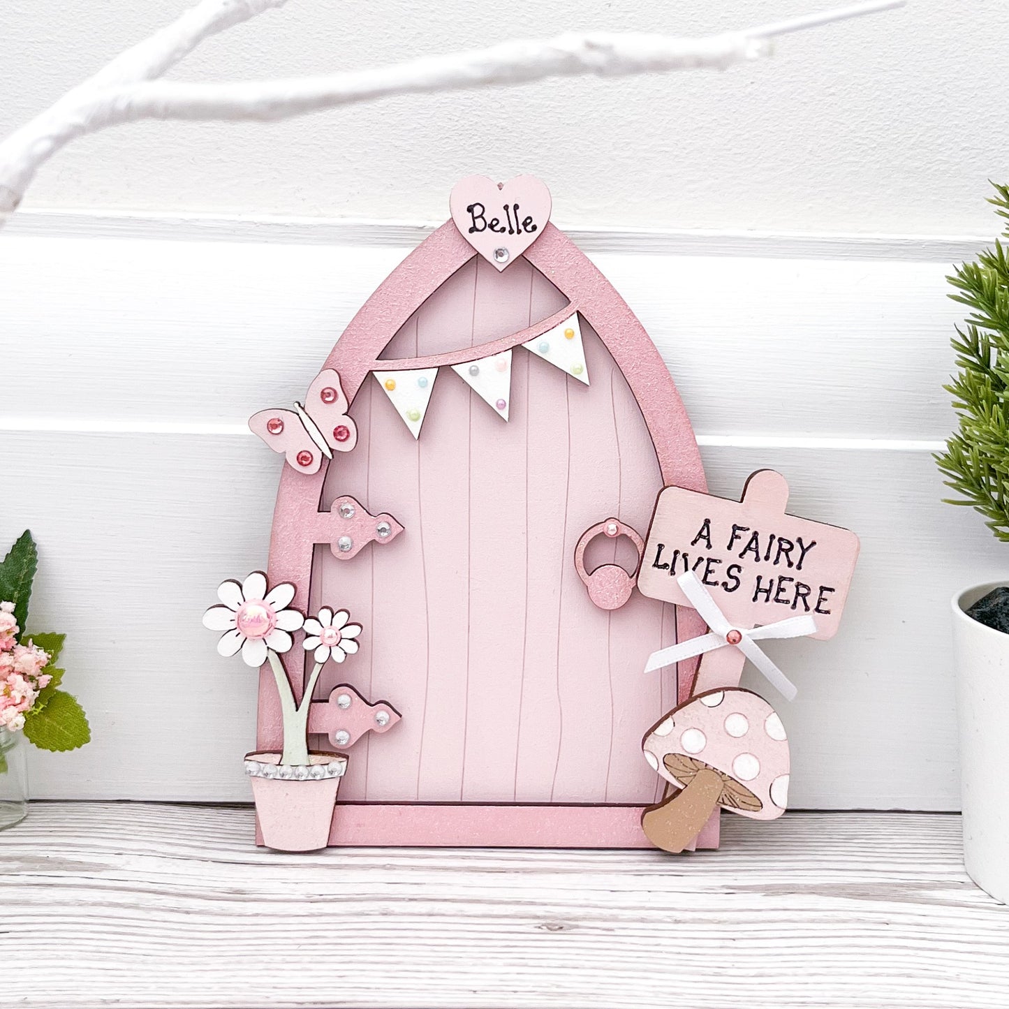 Personalised Light Pink Bunting Fairy Door With Toadstool & Butterfly - Sweet Pea Wooden Creations