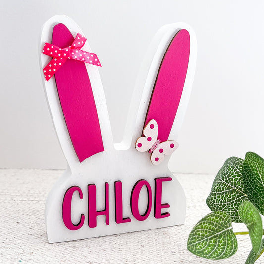 Personalised Pink Bunny Ears Decoration, Home Decor, Gift - Sweet Pea Wooden Creaions