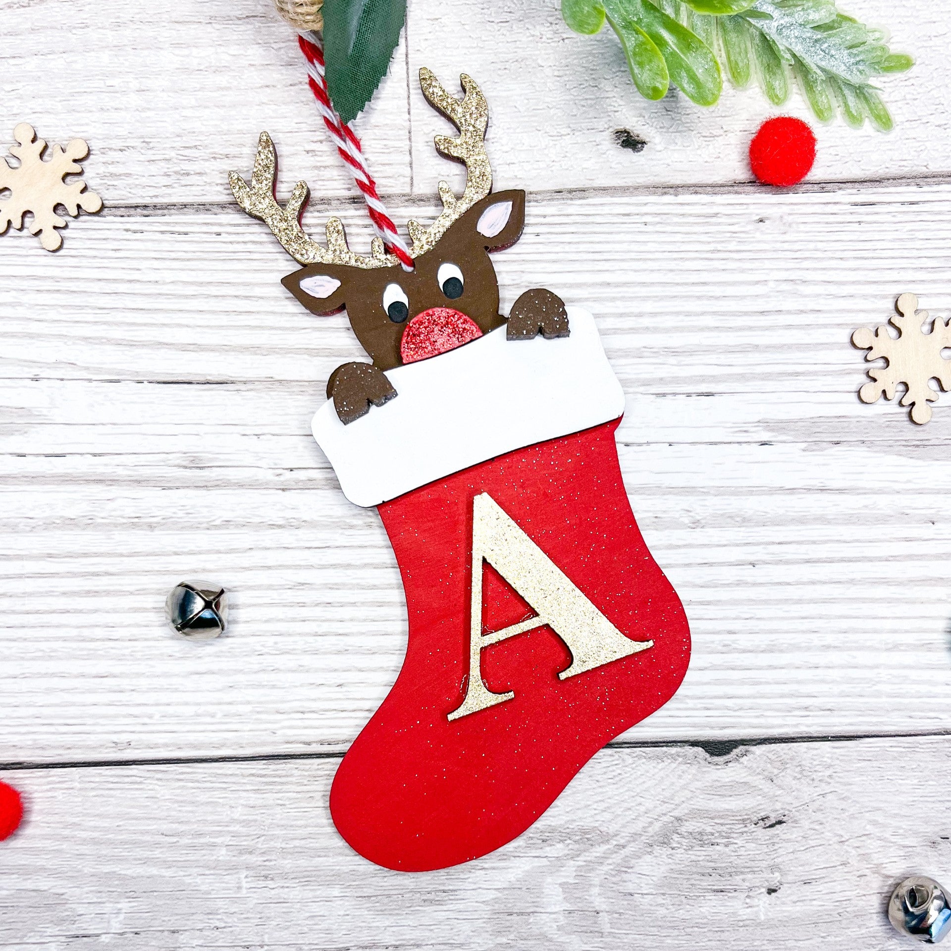 Personalised Reindeer Stocking Initial Decoration - Sweet Pea Wooden Creations