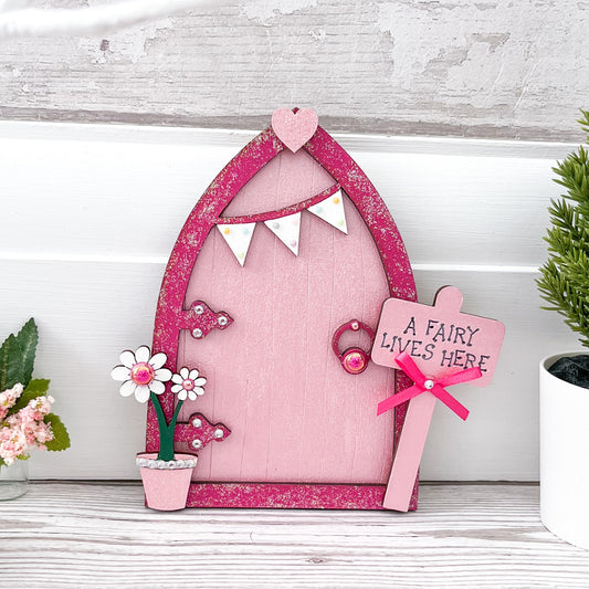 Pink Bunting Fairy Door - Sweet Pea Wooden Creations