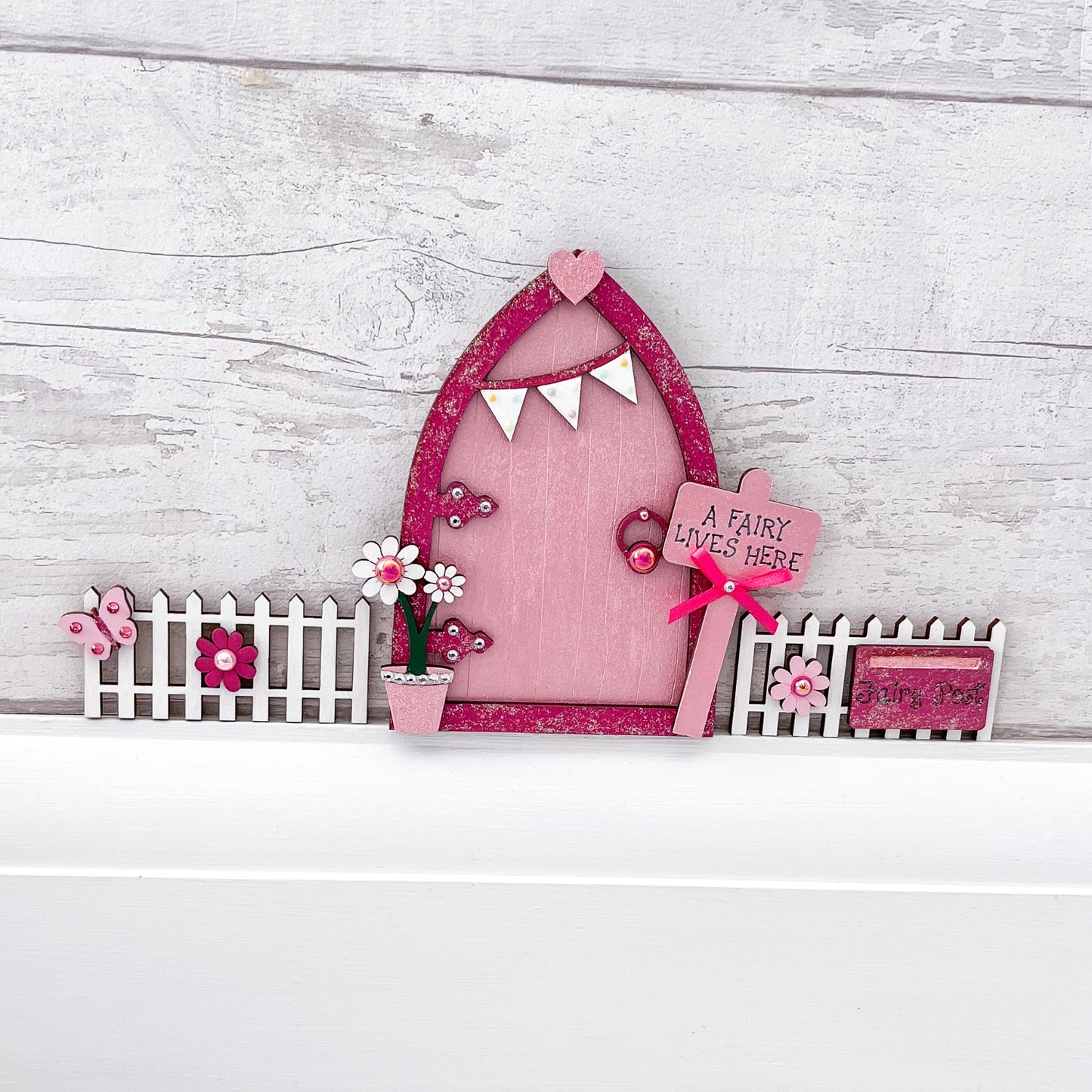 Pink Bunting Fairy Door With Fencing Set - Sweet Pea Wooden Creations