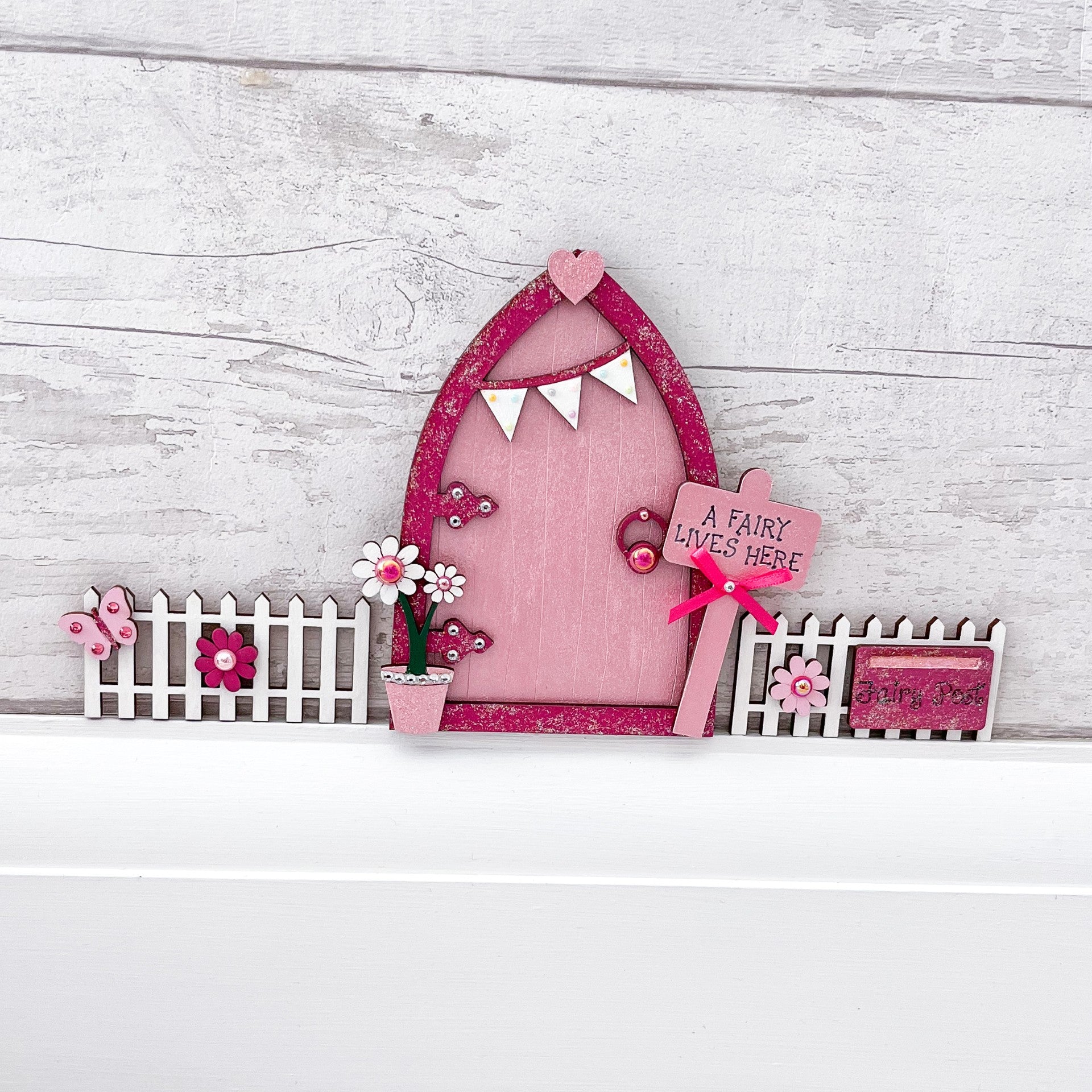 Pink Bunting Fairy Door With Fencing Set - Sweet Pea Wooden Creations