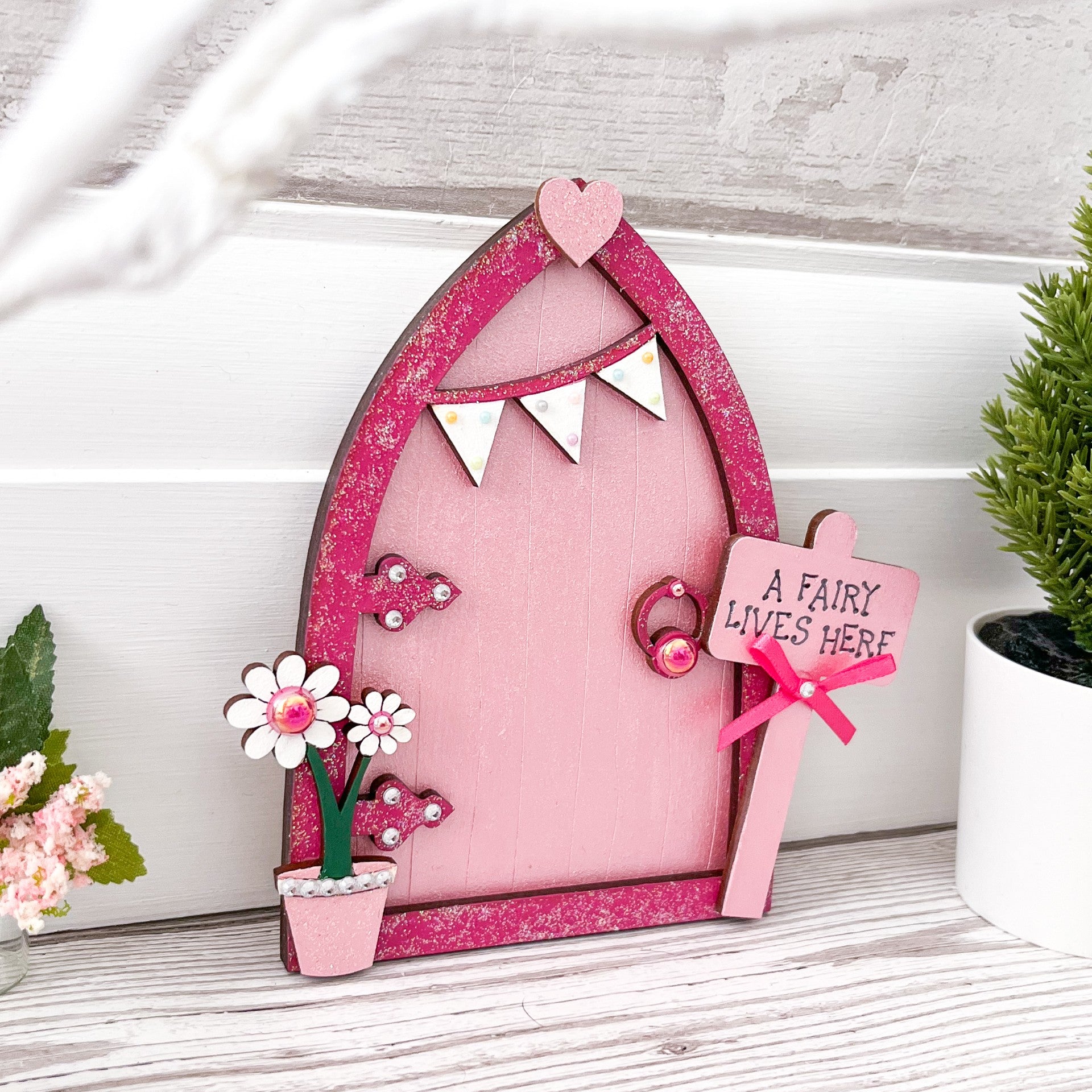 Pink Bunting Wooden Fairy Door - Sweet Pea Wooden Creations