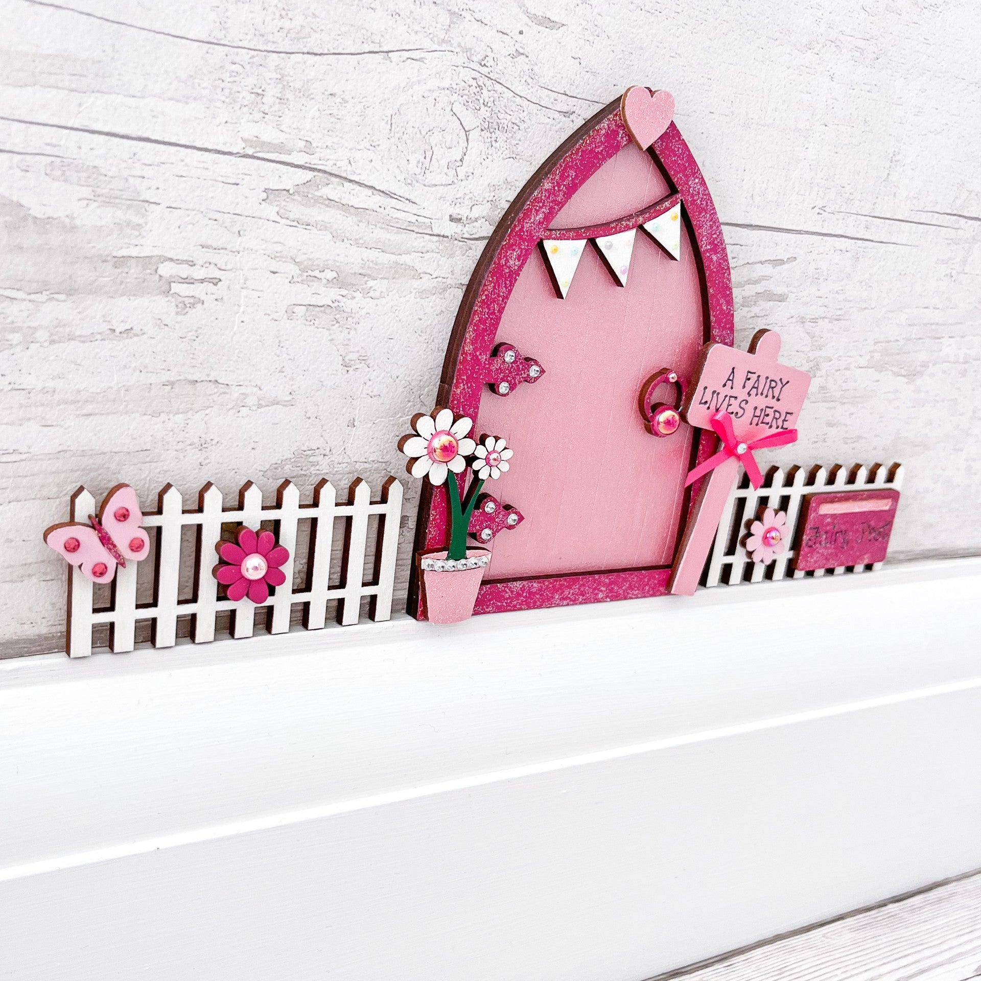 Pink Bunting Wooden Fairy Door With Fencing Set - Sweet Pea Wooden Creations