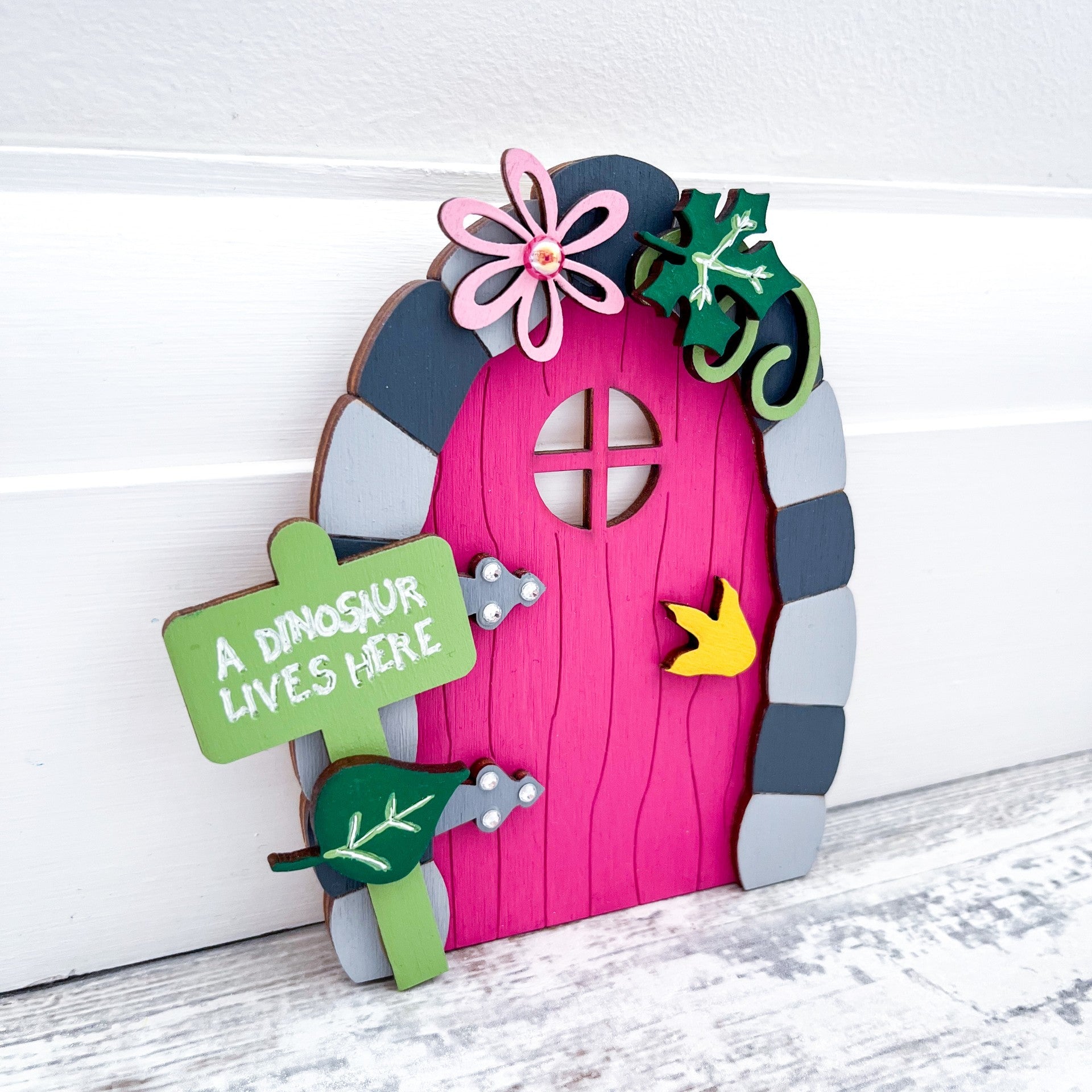 Pink Dinosaur Fairy Door Decoration - Sweet Pea Wooden Creations
