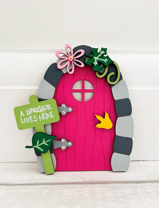 Pink Dinosaur Fairy Door Wall Art Decoration - Sweet Pea Wooden Creations