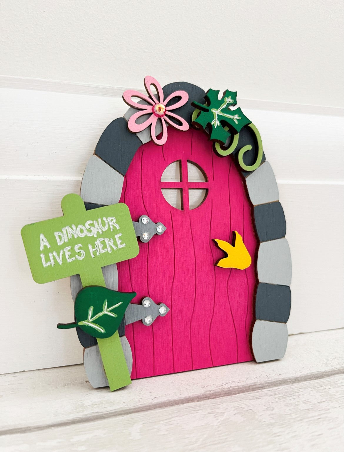 Pink Dinosaur Fairy Door Wall Art Decoration 1 - Sweet Pea Wooden Creations