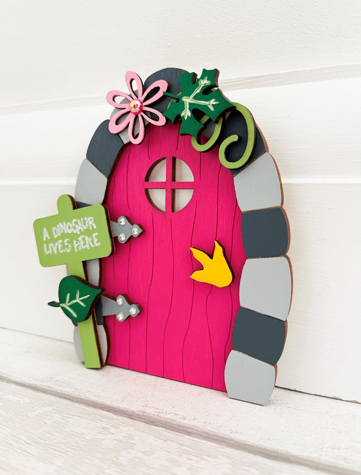 Pink Dinosaur Fairy Door Wall Art Decoration 2 - Sweet Pea Wooden Creations