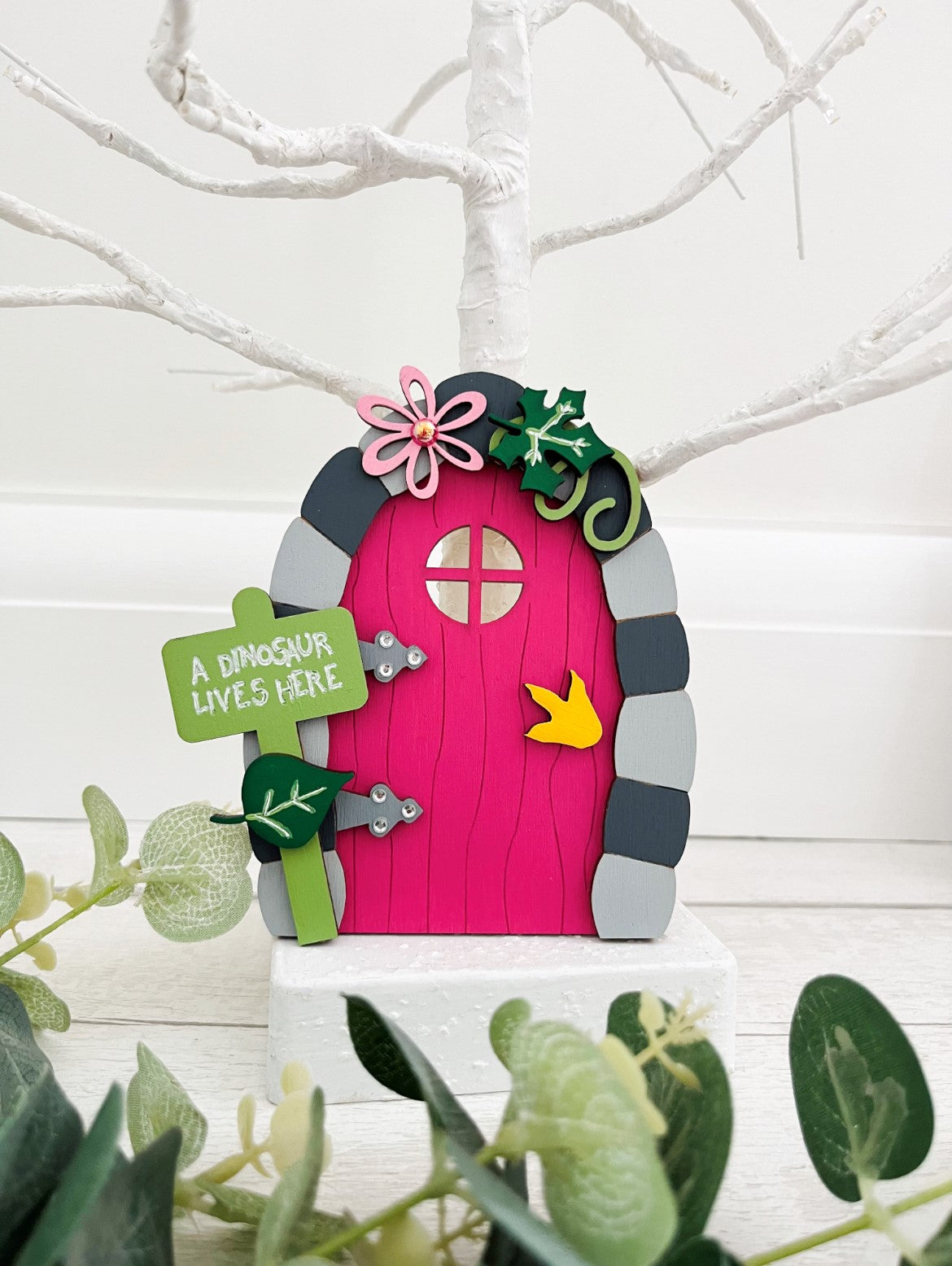 Pink Dinosaur Fairy Door Wall Art Decoration 3 - Sweet Pea Wooden Creations
