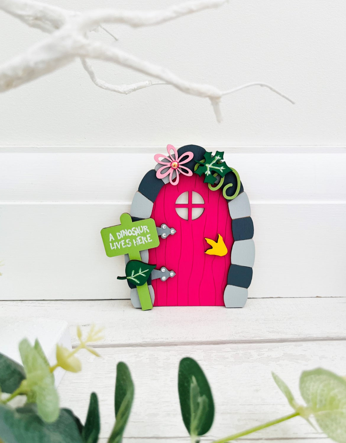 Pink Dinosaur Fairy Door Wall Art Decoration 4 - Sweet Pea Wooden Creations
