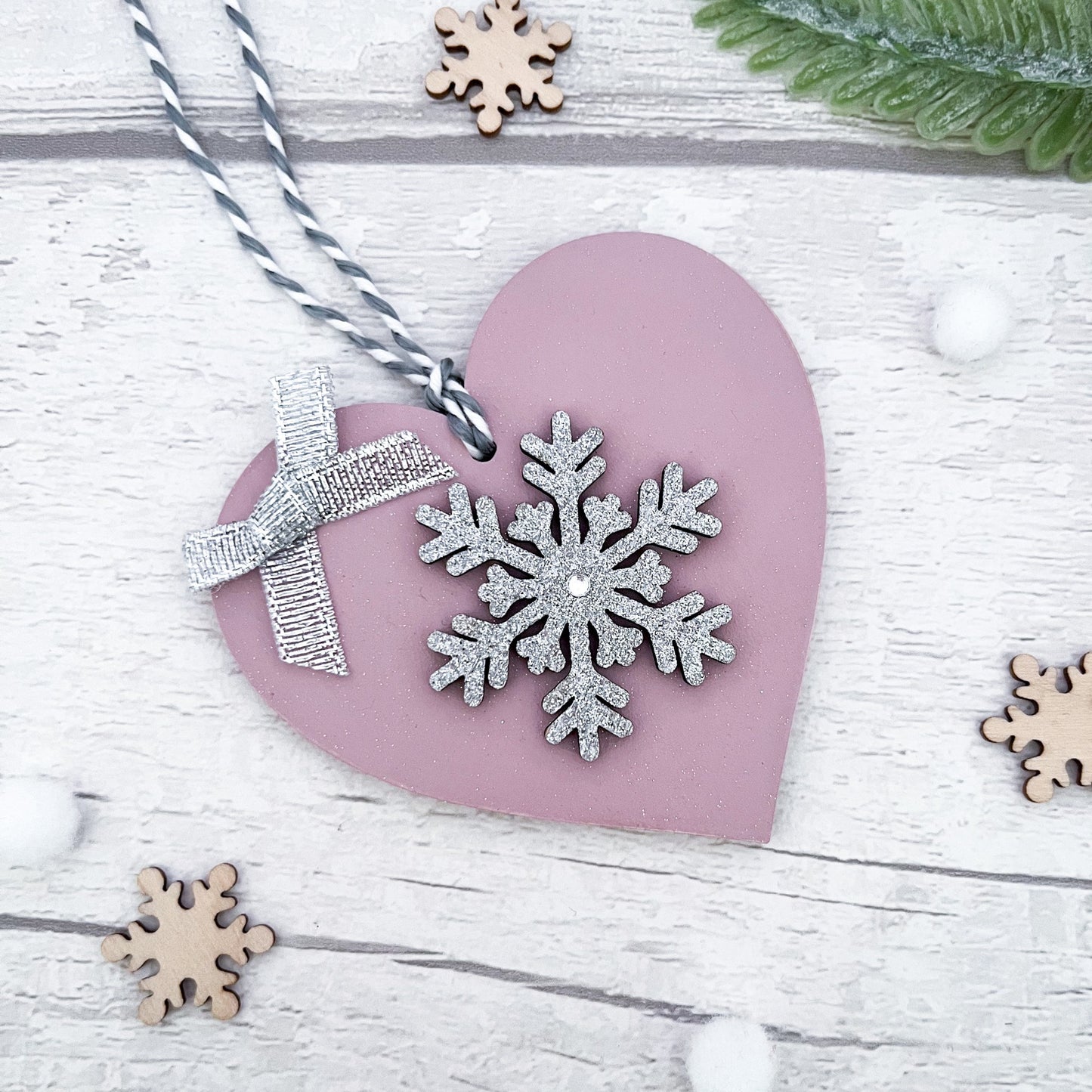 Pink Heart With Silver Snowflake Design Christmas Tree Decoration - Sweet Pea Wooden Creatons