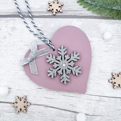 Pink Heart With Silver Snowflake Design Christmas Tree Decoration - Sweet Pea Wooden Creatons