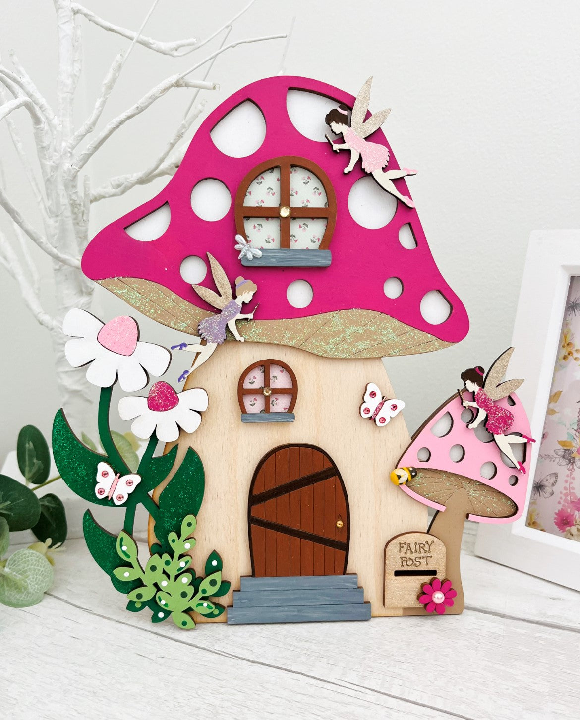 Pink Toadstool Large Wooden Fairy Door With Fairies 1 - Sweet Pea Wooden Creations