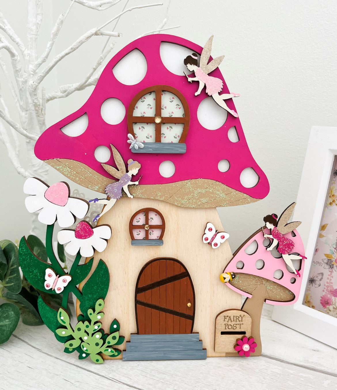 Pink Toadstool Large Wooden Fairy Door With Fairies 2 - Sweet Pea Wooden Creations
