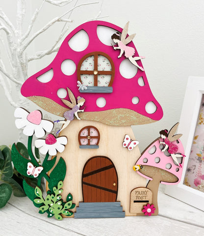 Pink Toadstool Large Wooden Fairy Door With Fairies 2 - Sweet Pea Wooden Creations