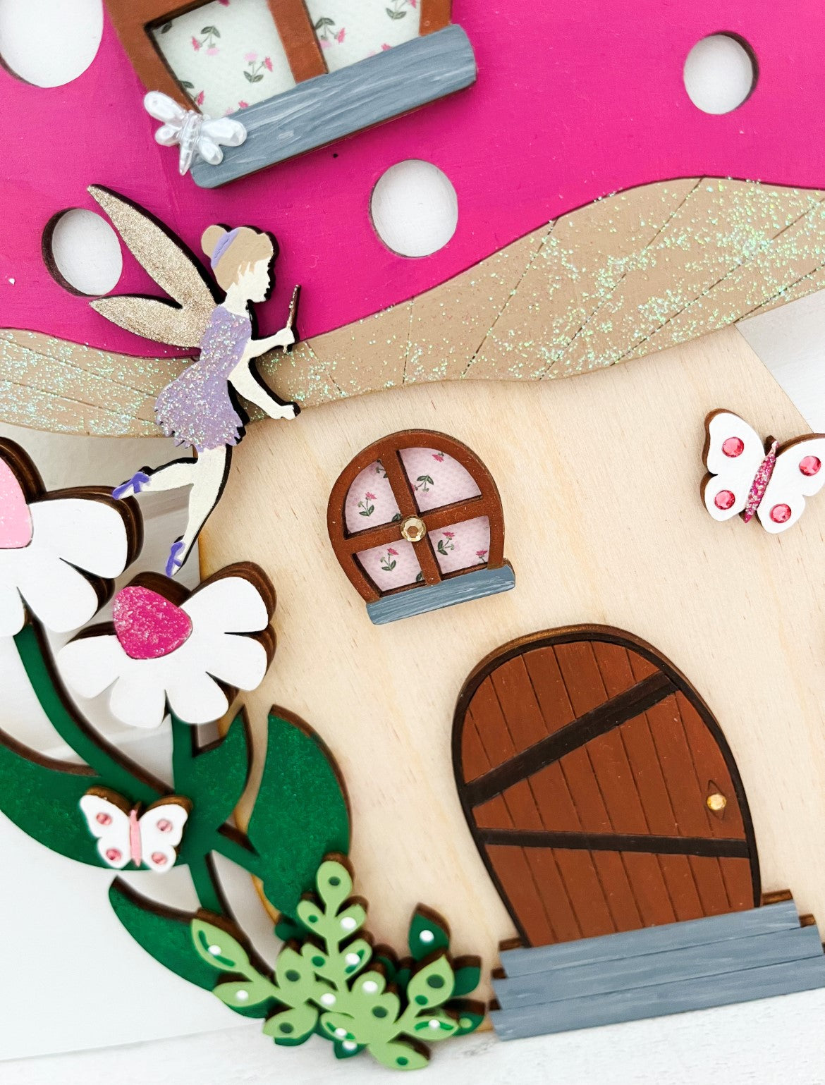 Pink Toadstool Large Wooden Fairy Door With Fairies 3 - Sweet Pea Wooden Creations