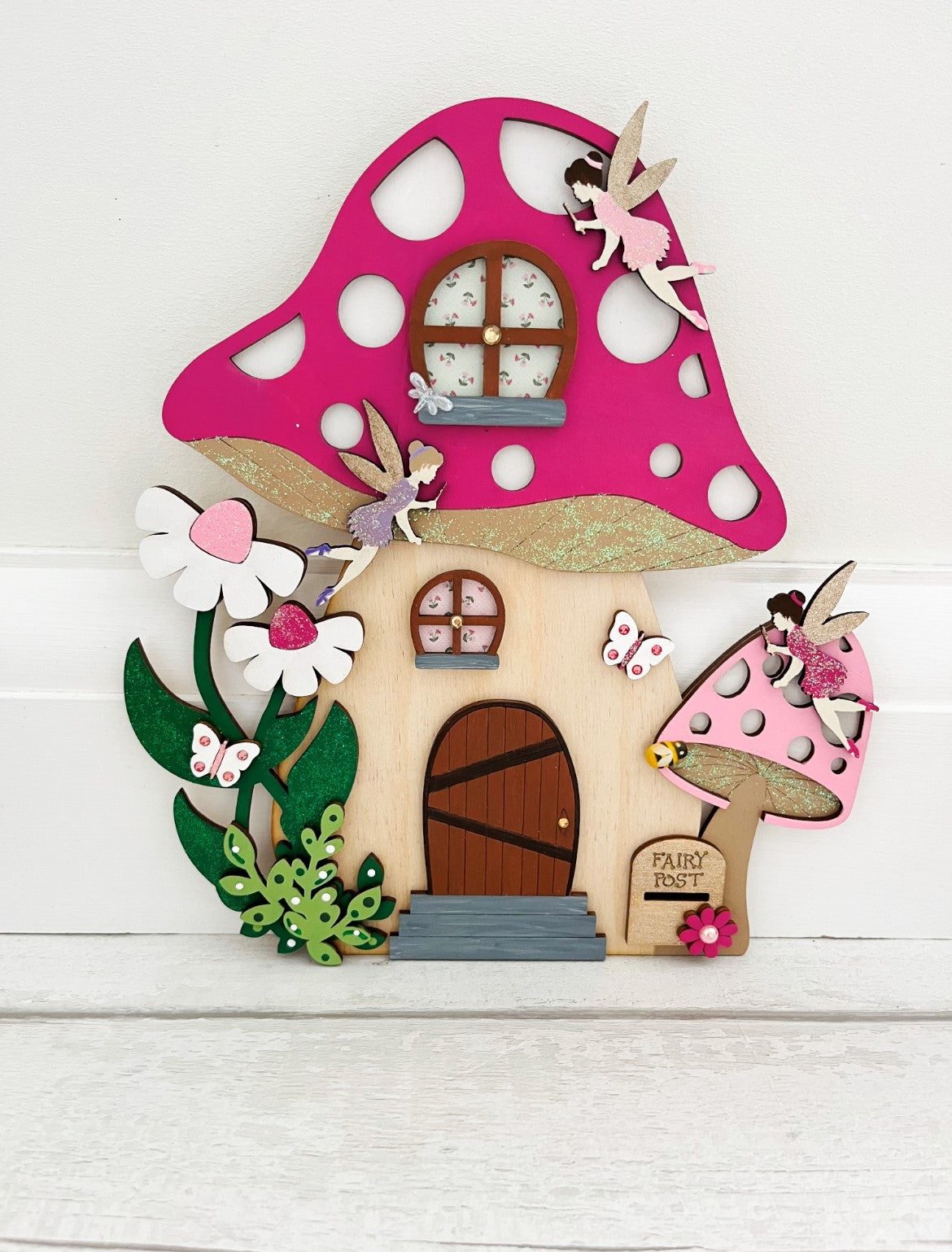 Pink Toadstool Large Wooden Fairy Door With Fairies 4 - Sweet Pea Wooden Creations