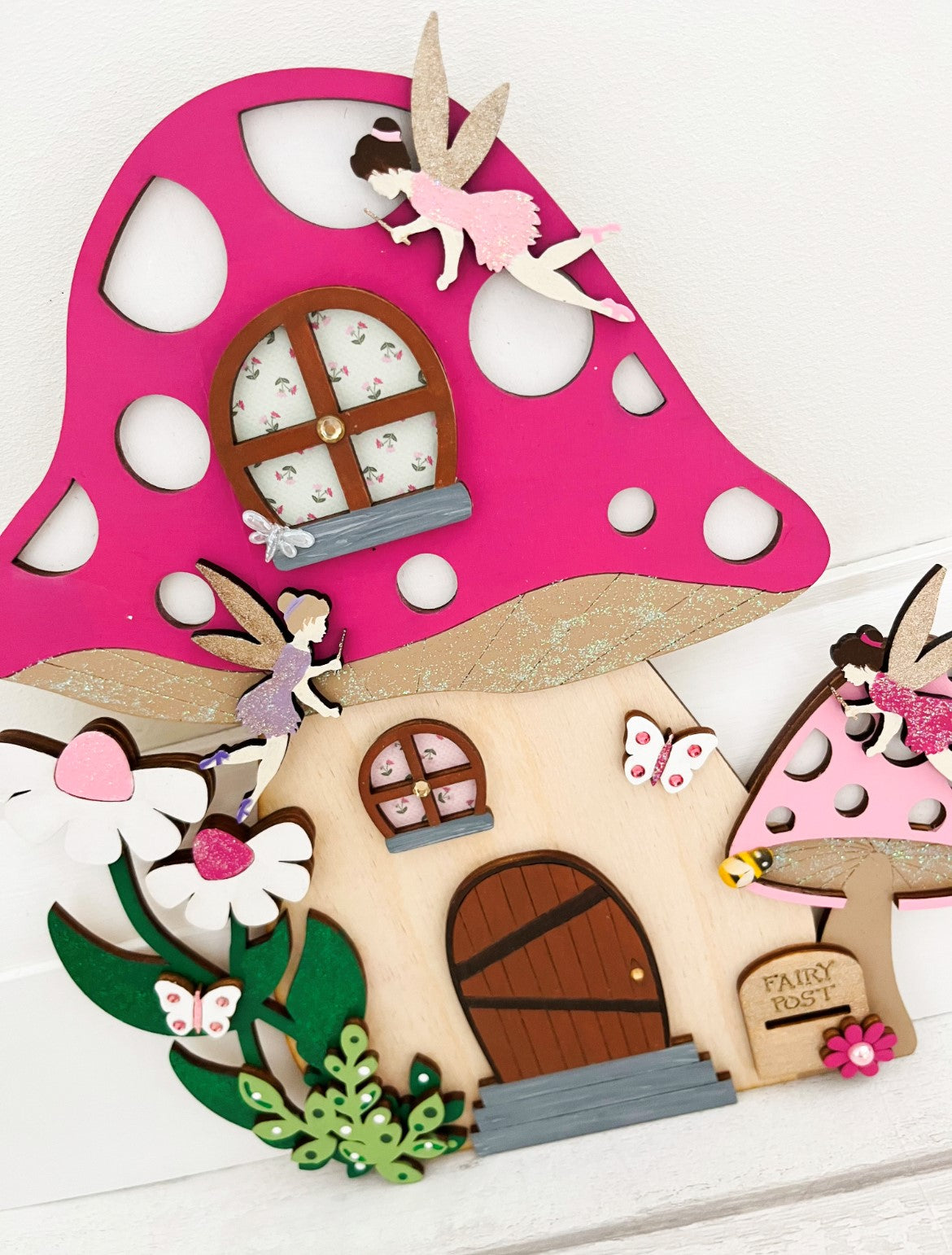 Pink Toadstool Large Wooden Fairy Door With Fairies 5 - Sweet Pea Wooden Creations