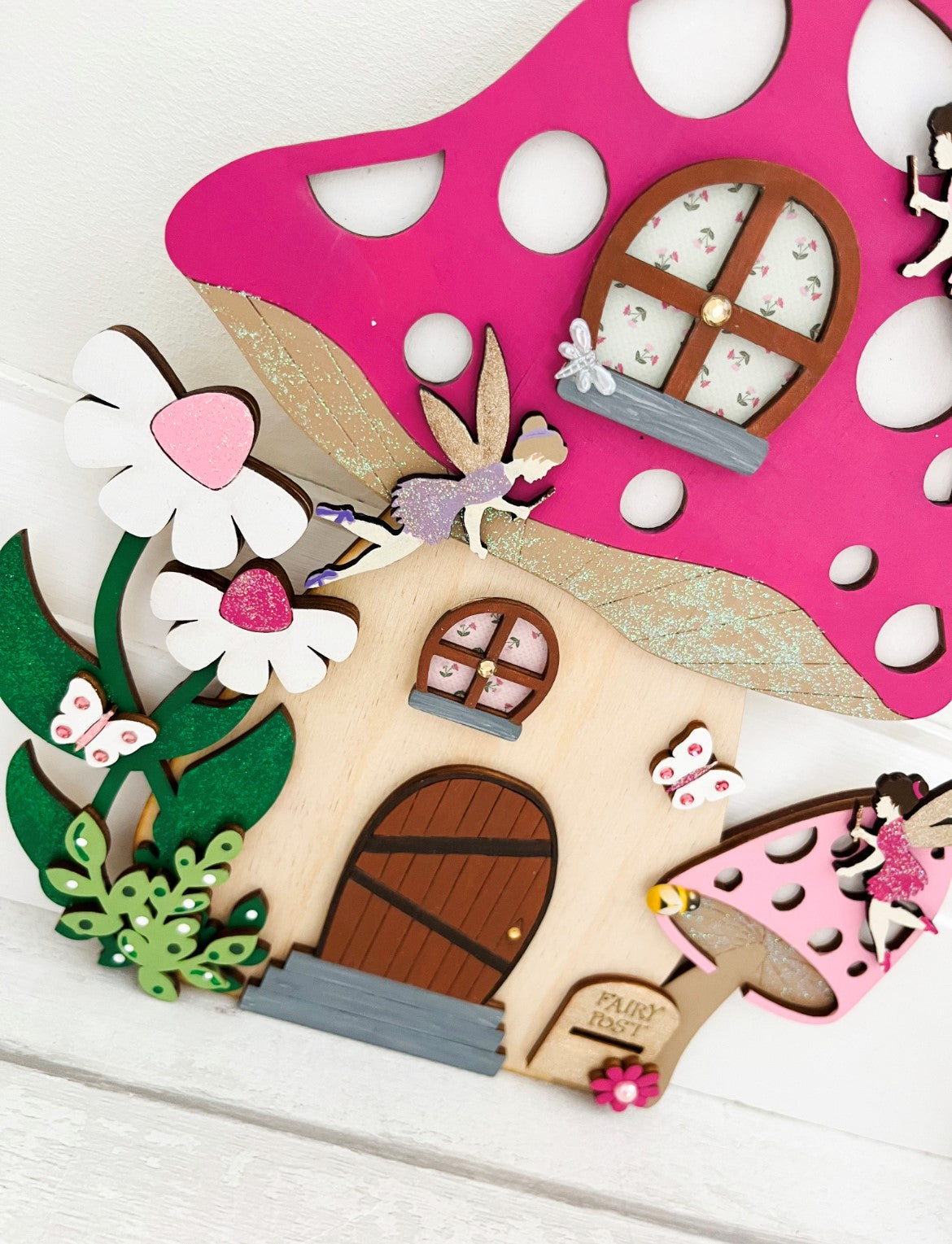 Pink Toadstool Large Wooden Fairy Door With Fairies  6 - Sweet Pea Wooden Creations