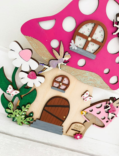 Pink Toadstool Large Wooden Fairy Door With Fairies  6 - Sweet Pea Wooden Creations