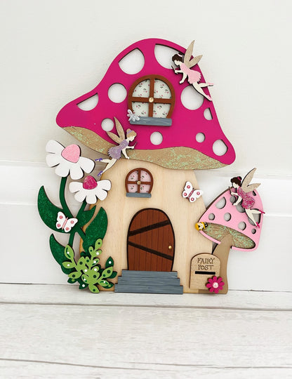Pink Toadstool Large Wooden Fairy Door With Fairies 7 - Sweet Pea Wooden Creations