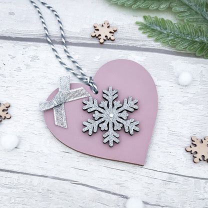 Pink & Silver Heart Christmas Bauble Decoration - Sweet Pea Wooden Creations