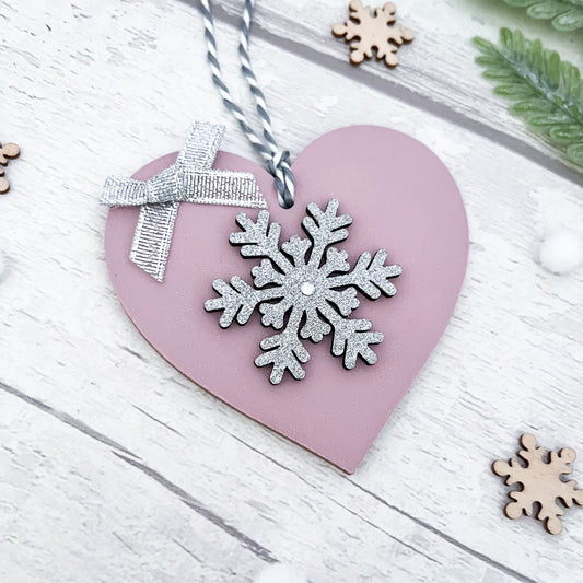 Pink & Silver Heart Christmas Tree Bauble - Sweet Pea Wooden Creations