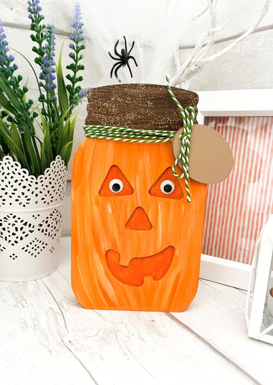 Halloween Pumpkin Wooden ‘Mason Jar’ Shelf Decoration - Sweet Pea Wooden Creations