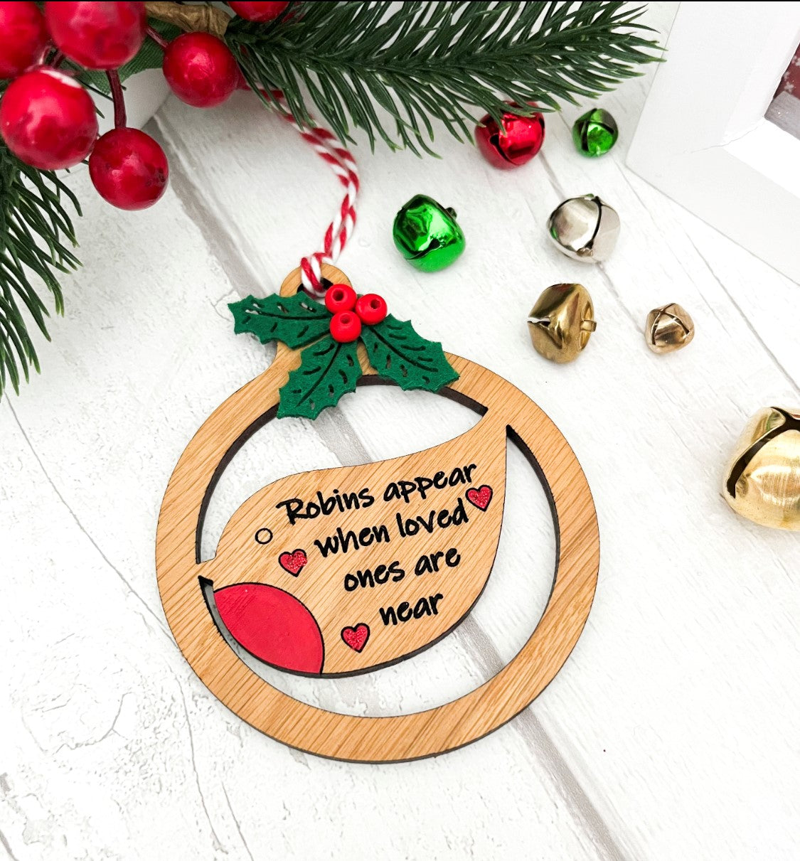 Robin Memorial Christmas Bauble, Hanging Decoration - Sweet Pea Wooden Creations