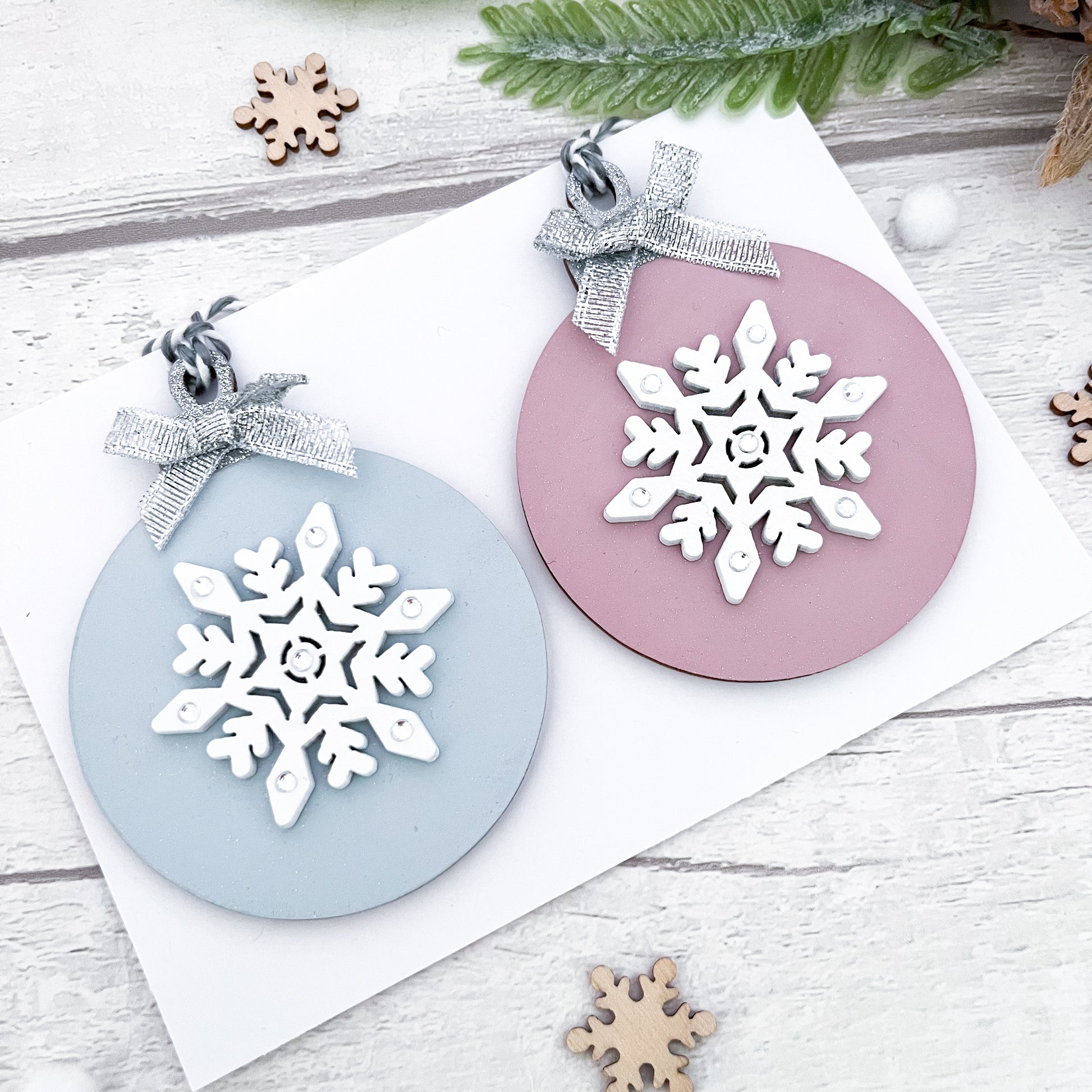 Rose Pink & Blue Snowflake Christmas Tree Baubles - Sweet Pea Wooden Creations