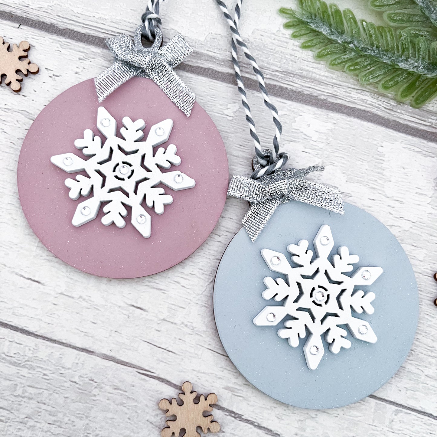 Rose Pink & Blue Snowflake Tree Decorations - Sweet Pea Wooden Creations