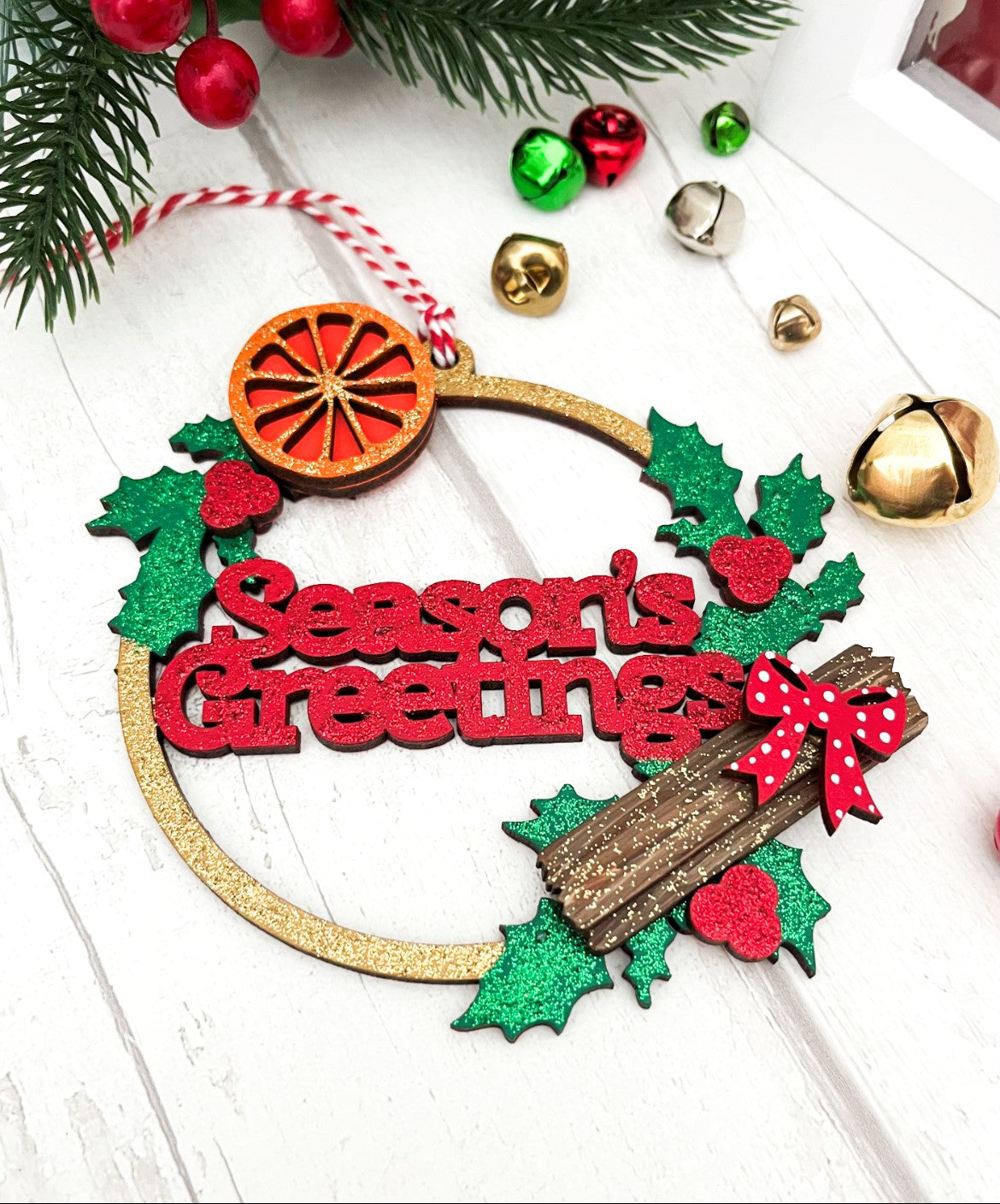 Seasons Greetings Wooden Tree Bauble Decoration - Sweet Pea Wooden Creations