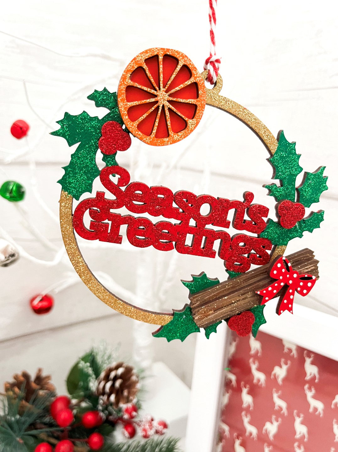 Seasons Greetings Tree Bauble Decoration 2 - Sweet Pea Wooden Creations