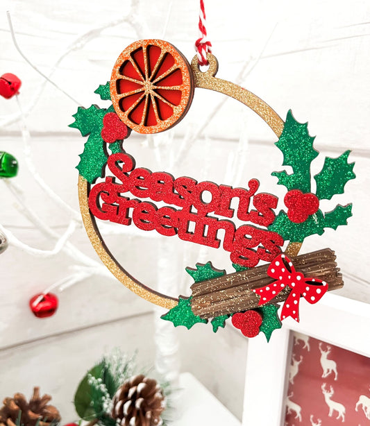 Seasons Greetings Tree Bauble Decoration = Sweet Pea Wooden Creations