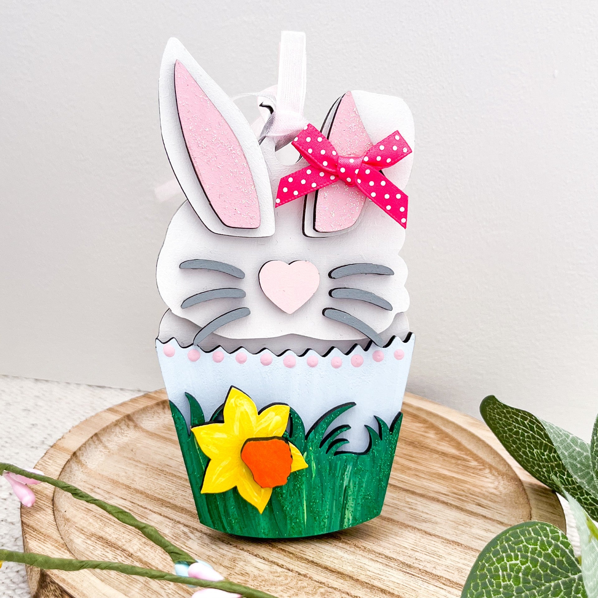 Spring Bunny Cupcake Wooden Hanging Easter Decoration - Sweet Pea Wooden Creations