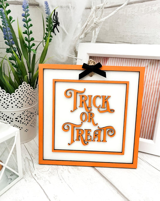 Square Trick Or Treat Hanging Halloween Sign - Sweet Pea Wooden Creations