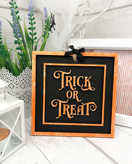Trick Or Treat Hanging Square Sign 1-Sweet Pea Wooden Creations