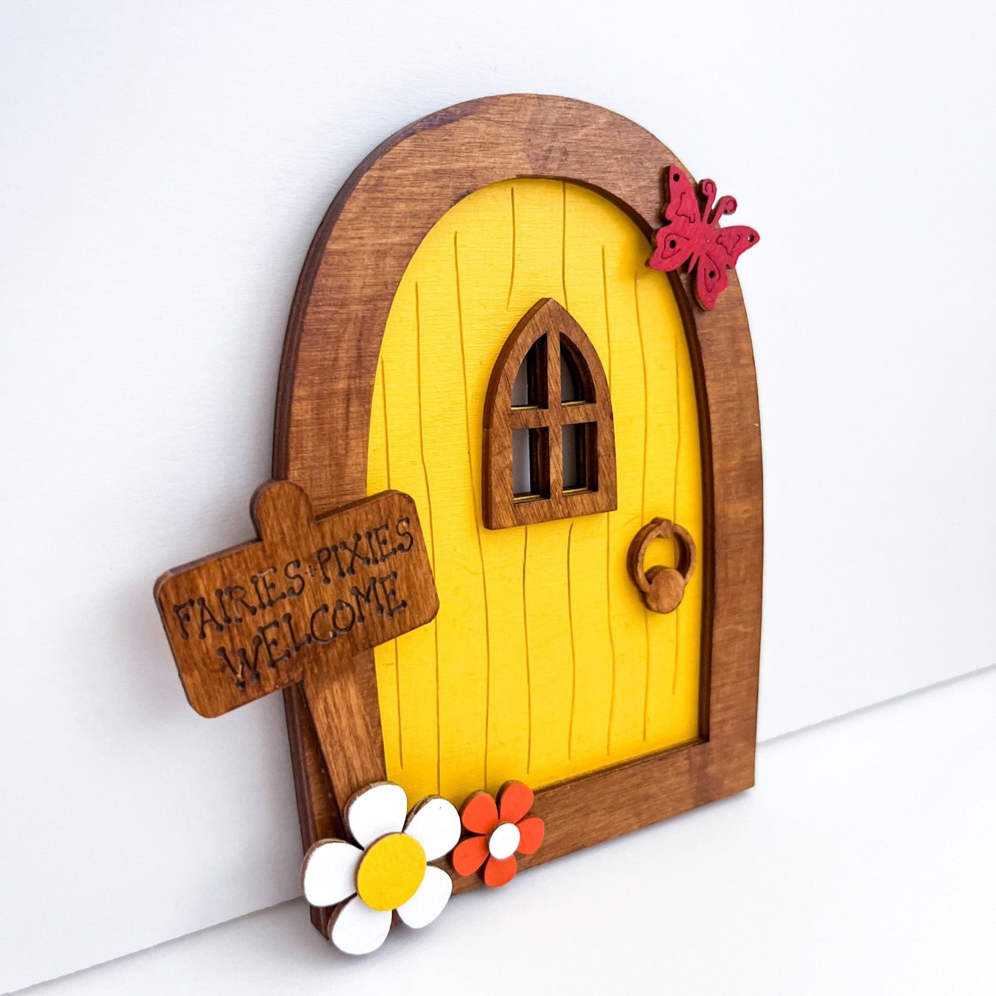 Yellow Fairy Garden Miniature Door, Fairies & Pixies Welcome - Sweet Pea Wooden Creations