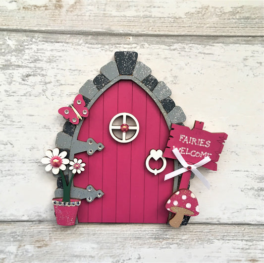 Fuschia Pink Wooden Fairy Door With Butterfly For Skirting Board